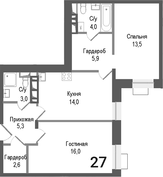 Планировка — Киноквартал, 2-комн., 64 м²