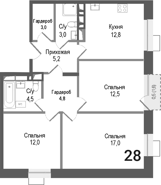 Планировка — Киноквартал, 3-комн., 75 м²