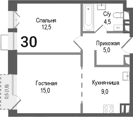 Планировка — Киноквартал, 2-комн., 46 м²