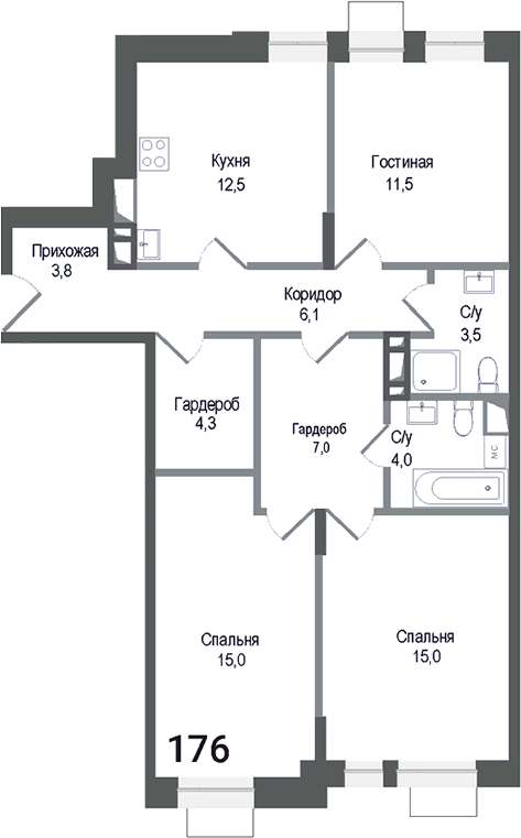 Планировка — Киноквартал, 3-комн., 83 м²