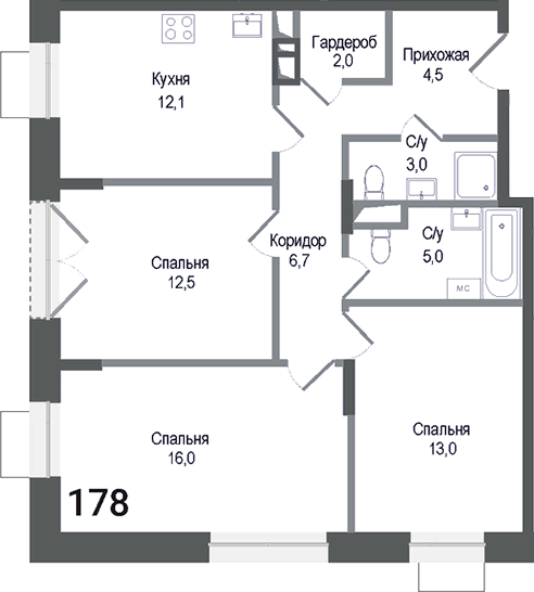 Планировка — Киноквартал, 3-комн., 75 м²