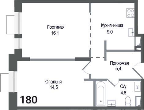 Планировка — Киноквартал, 2-комн., 50 м²
