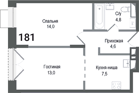 Планировка — Киноквартал, 2-комн., 44 м²