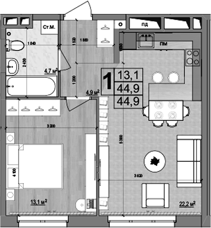 Планировка — Гранд Комфорт 2, 2-комн., 45 м²
