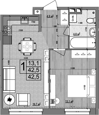 Планировка — Гранд Комфорт 2, 2-комн., 43 м²