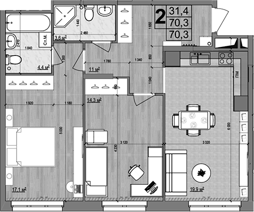 Планировка — Гранд Комфорт 2, 3-комн., 70 м²