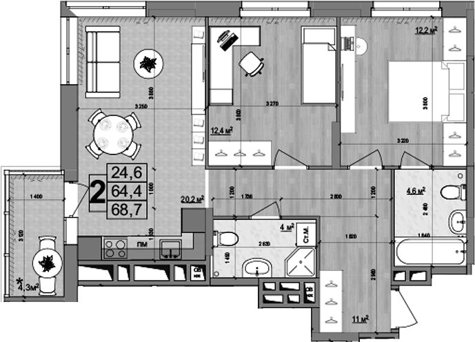 Планировка — Гранд Комфорт 2, 3-комн., 64 м²
