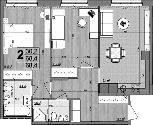 Планировка — Гранд Комфорт 2, 3-комн., 68 м²
