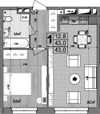 Планировка — Гранд Комфорт 2, 2-комн., 43 м²