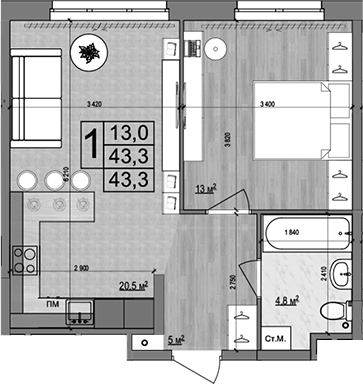Планировка — Гранд Комфорт 2, 2-комн., 43 м²
