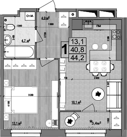 Планировка — Гранд Комфорт 2, 2-комн., 41 м²