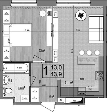 Планировка — Гранд Комфорт 2, 2-комн., 44 м²