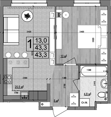 Планировка — Гранд Комфорт 2, 2-комн., 43 м²