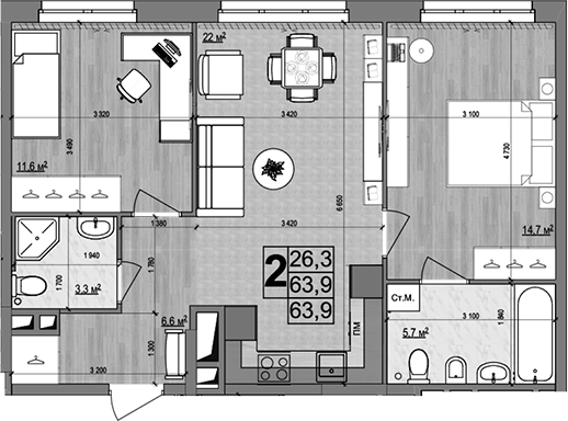 Планировка — Гранд Комфорт 2, 3-комн., 64 м²