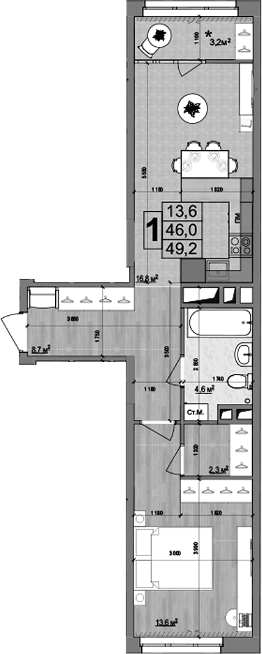 Планировка — Гранд Комфорт 2, 2-комн., 46 м²
