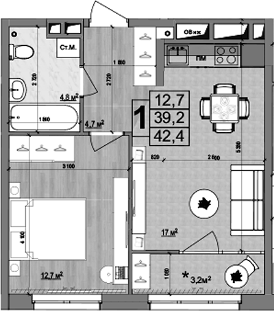 Планировка — Гранд Комфорт 2, 2-комн., 39 м²