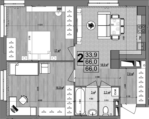 Планировка — Гранд Комфорт 2, 3-комн., 66 м²