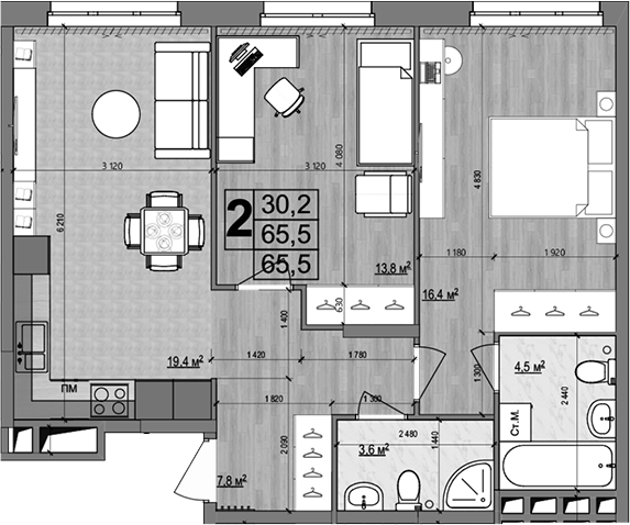 Планировка — Гранд Комфорт 2, 3-комн., 66 м²