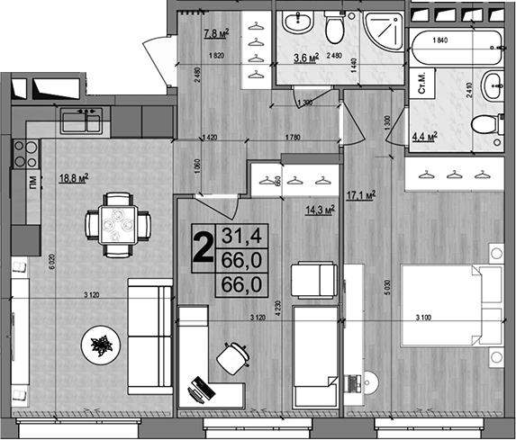 Планировка — Гранд Комфорт 2, 3-комн., 66 м²