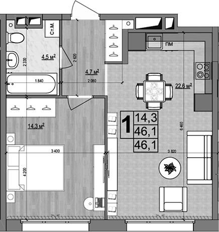 Планировка — Гранд Комфорт 2, 2-комн., 46 м²