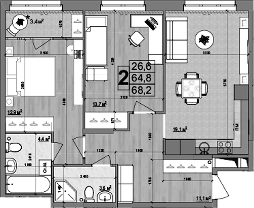 Планировка — Гранд Комфорт 2, 3-комн., 65 м²