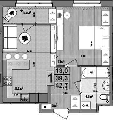 Планировка — Гранд Комфорт 2, 2-комн., 39 м²