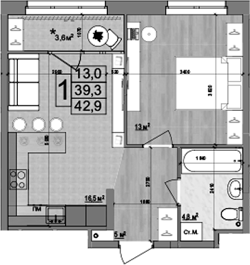Планировка — Гранд Комфорт 2, 2-комн., 39 м²