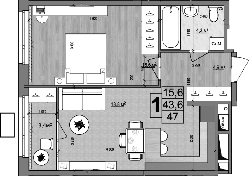 Планировка — Гранд Комфорт 2, 2-комн., 44 м²
