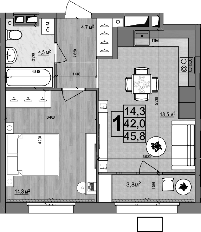 Планировка — Гранд Комфорт 2, 2-комн., 42 м²