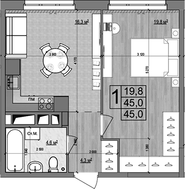 Планировка — Гранд Комфорт 2, 2-комн., 45 м²