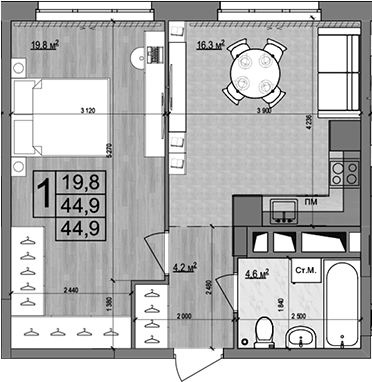 Планировка — Гранд Комфорт 2, 2-комн., 45 м²