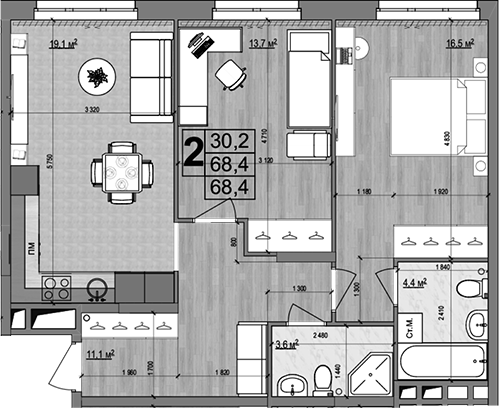 Планировка — Гранд Комфорт 2, 3-комн., 68 м²