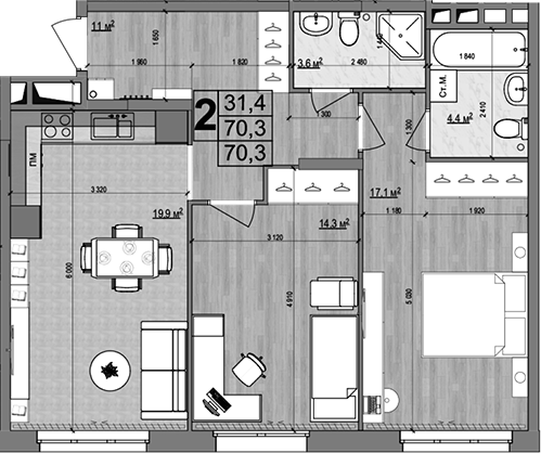 Планировка — Гранд Комфорт 2, 3-комн., 70 м²