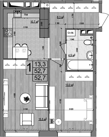 Планировка — Гранд Комфорт 2, 2-комн., 53 м²