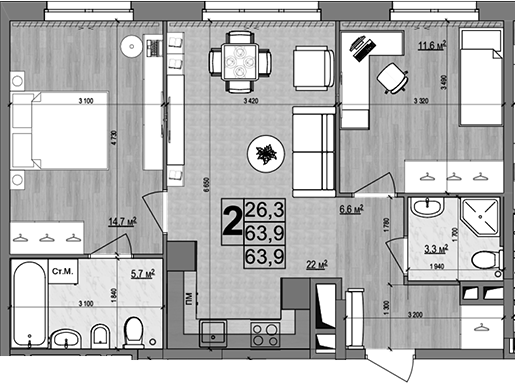 Планировка — Гранд Комфорт 2, 3-комн., 64 м²