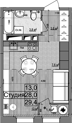 Планировка — Гранд Комфорт 2, Студия, 28 м²