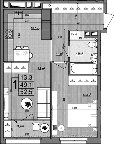Планировка — Гранд Комфорт 2, 2-комн., 49 м²