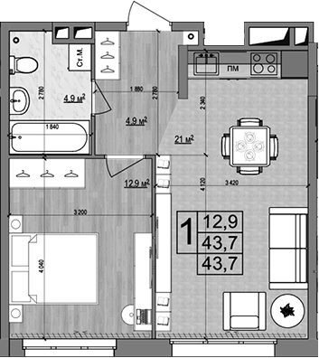 Планировка — Гранд Комфорт 2, 2-комн., 44 м²