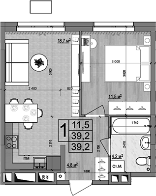 Планировка — Гранд Комфорт 2, 2-комн., 39 м²