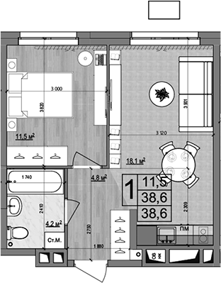 Планировка — Гранд Комфорт 2, 2-комн., 39 м²