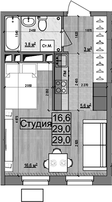 Планировка — Гранд Комфорт 2, Студия, 29 м²
