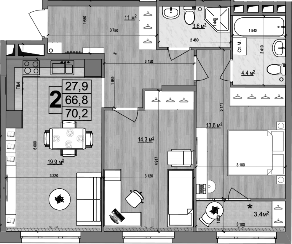 Планировка — Гранд Комфорт 2, 3-комн., 67 м²