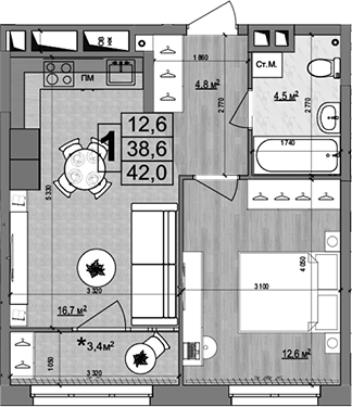 Планировка — Гранд Комфорт 2, 2-комн., 39 м²