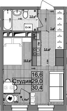 Планировка — Гранд Комфорт 2, Студия, 29 м²