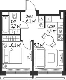 Планировка — Сет, 2-комн., 34 м²