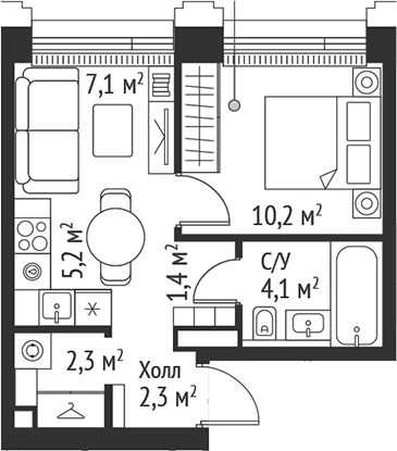 Планировка — Сет, 2-комн., 33 м²