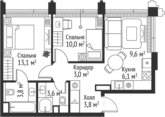Планировка — Сет, 3-комн., 53 м²