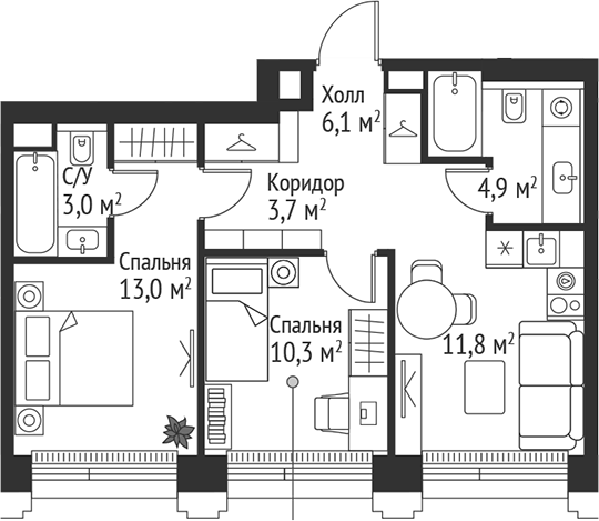 Планировка — Сет, 3-комн., 53 м²