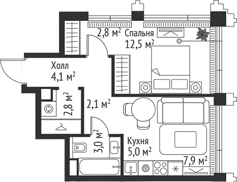 Планировка — Сет, 2-комн., 40 м²