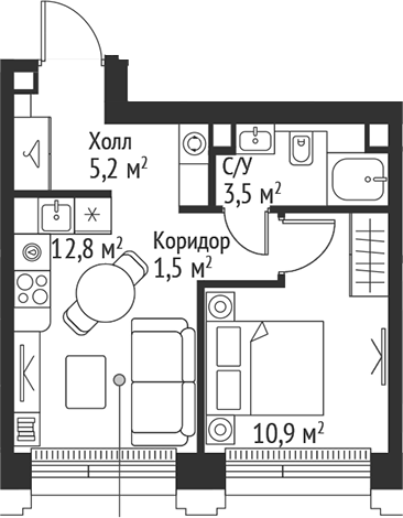 Планировка — Сет, 2-комн., 34 м²